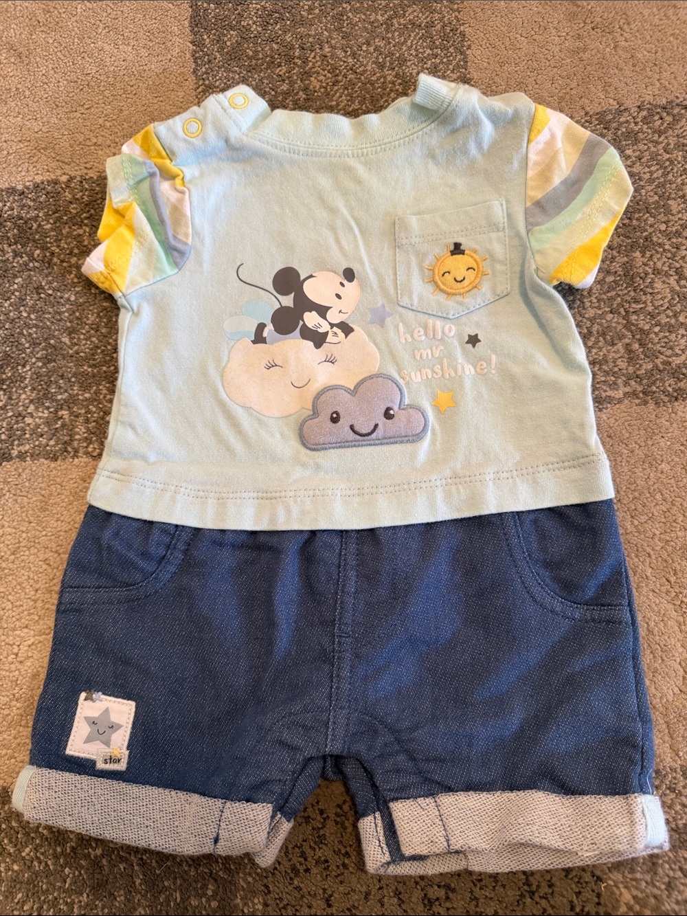 Disney Light Blue, Yellow & Navy Mickey Mouse One-Piece Bodysuit
